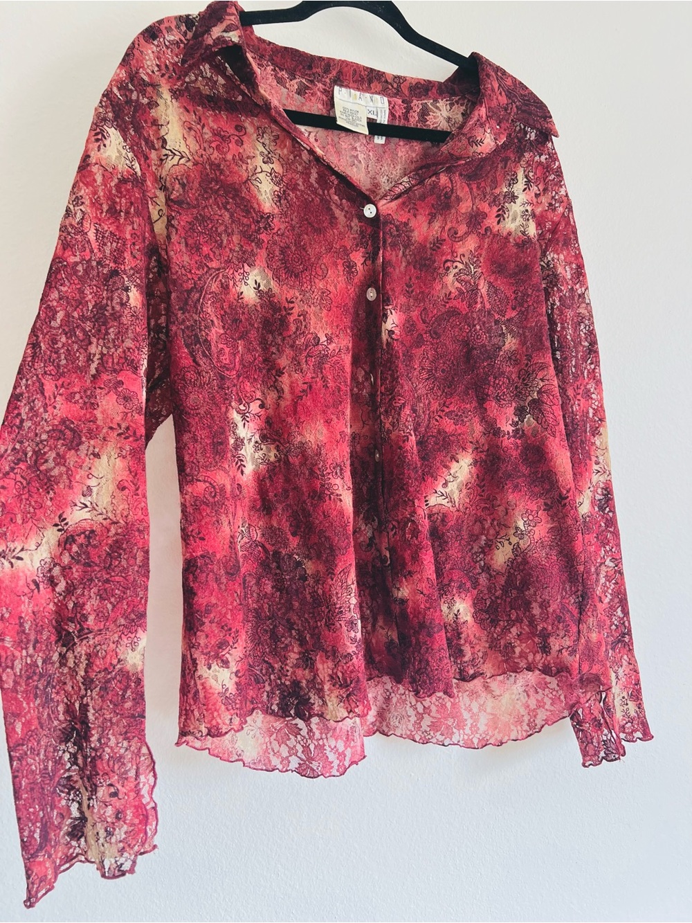 Piano Vintage Y2K Sheer Red Lace-Print Button-Front Women's Blouse